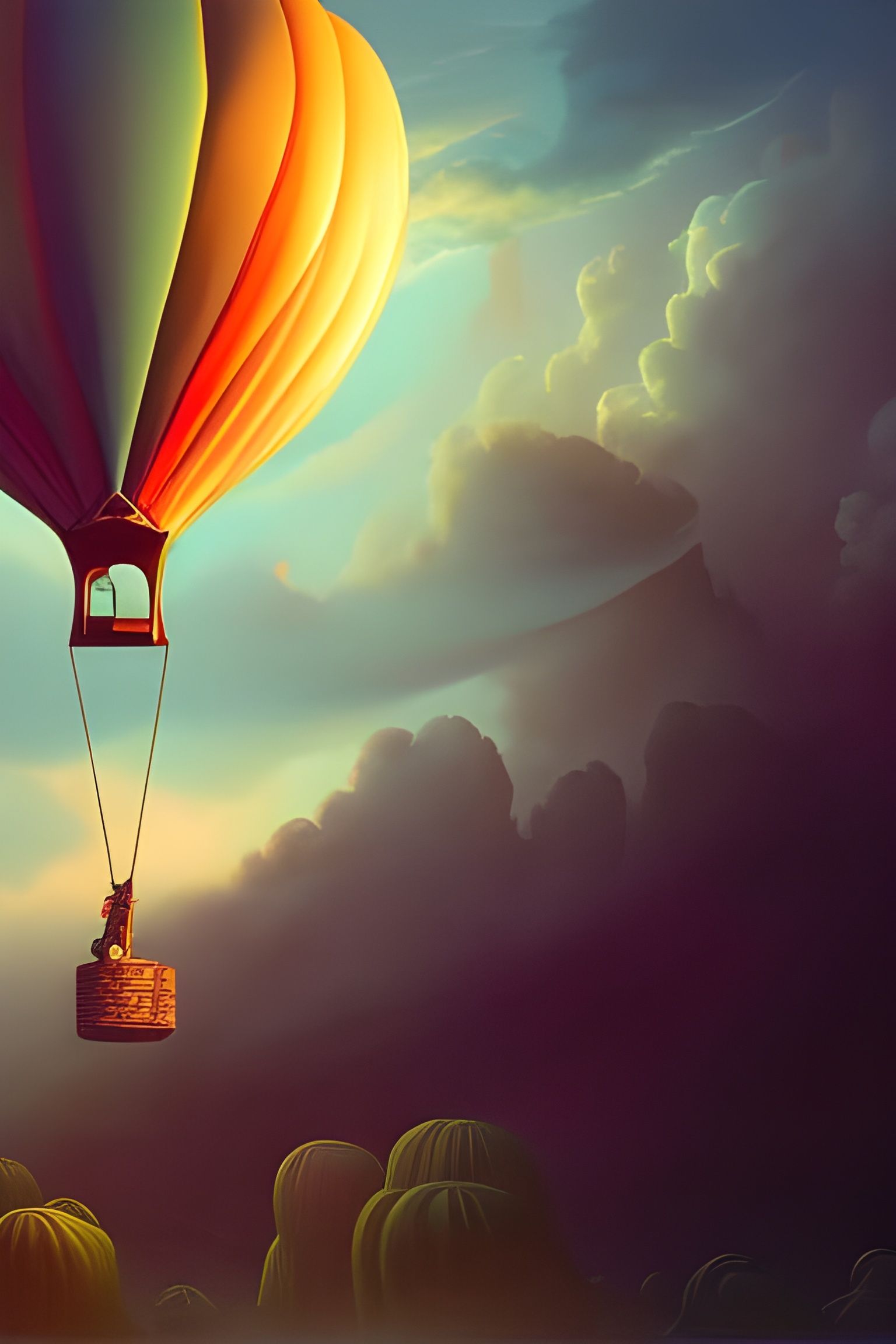 Hot air balloon in a cloudy day contemporary fantasy, center...
