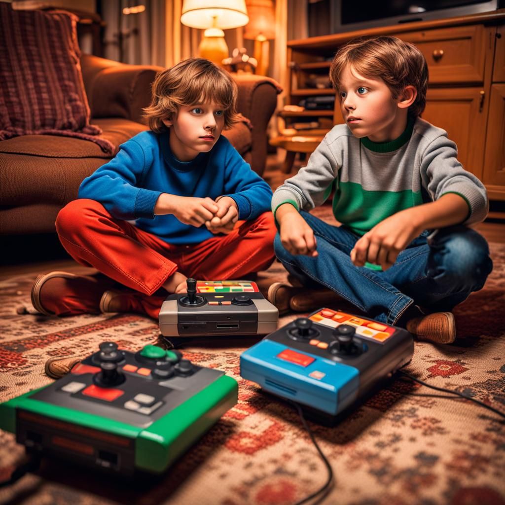 Two siblings sitting cross-legged on the floor, engaged in a...