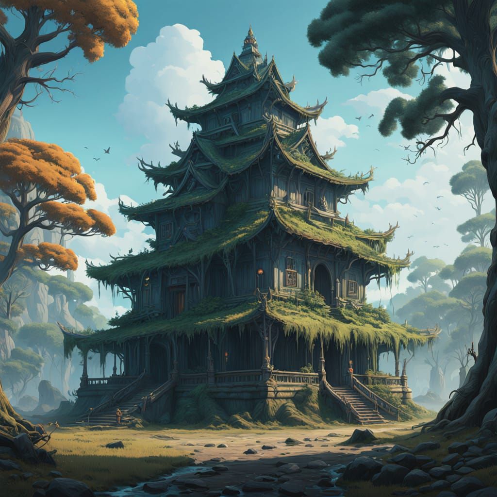 Surreal Temple Oasis in a Vibrant Jungle