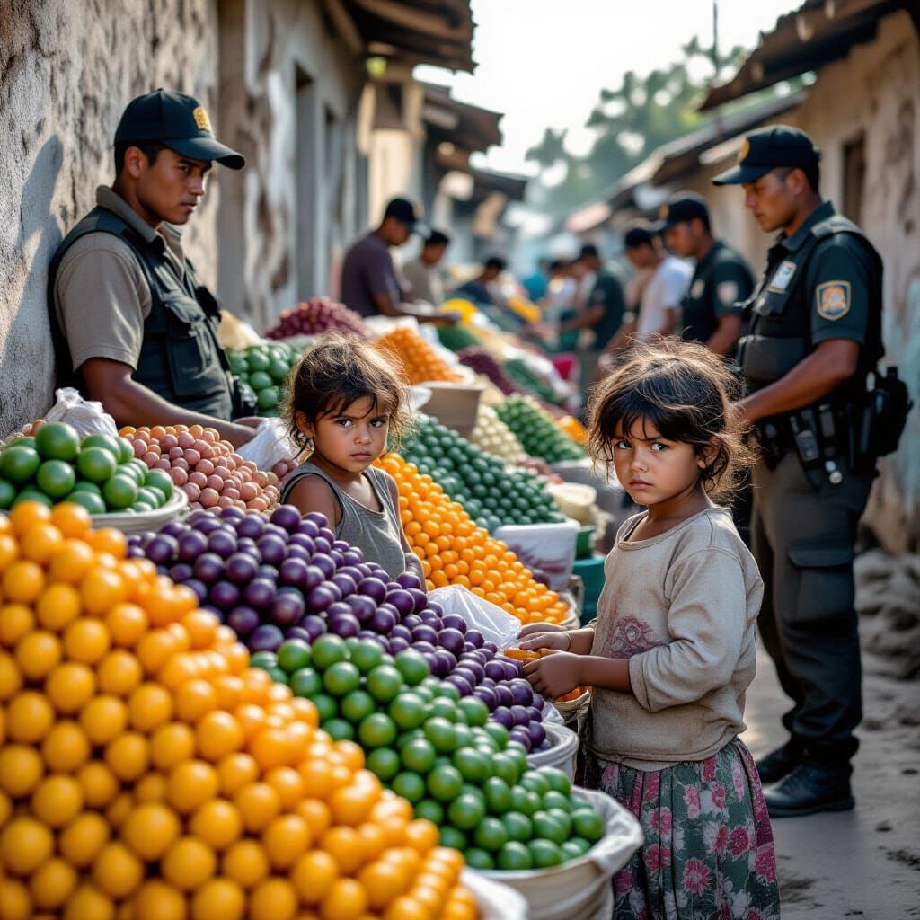 hungry children separated from huge piles food by guards
