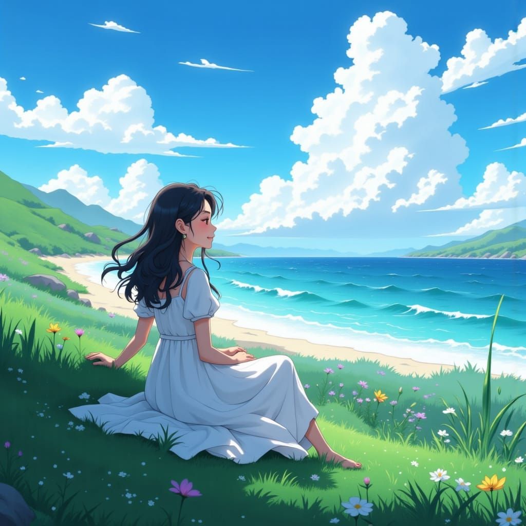Girl in Field Listening to Ocean Waves: Anime Style