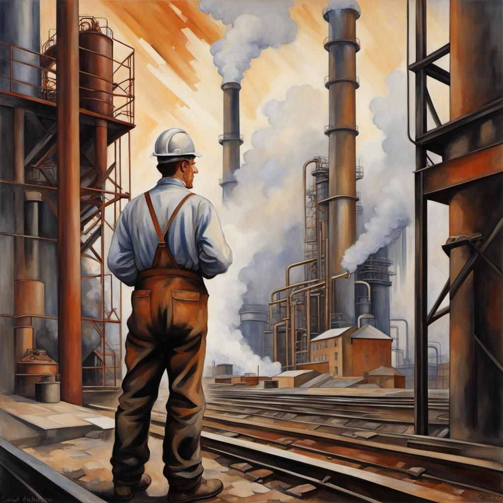 Photorealistic industrial edge, pollution, worker, Mucha, Leonid Afremov, Charles Demuth  by @Crystal