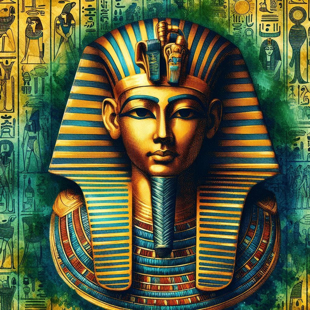 A regal portrait of a Pharaoh adorned in a nemes headdress, with intricate gold and blue patterns