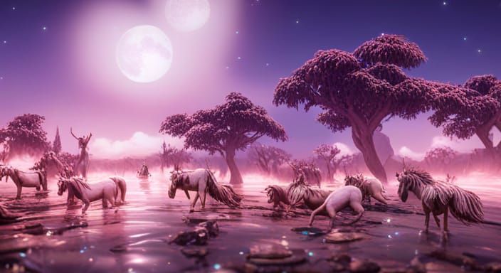 Unicorns surrounding a pond at night with stars