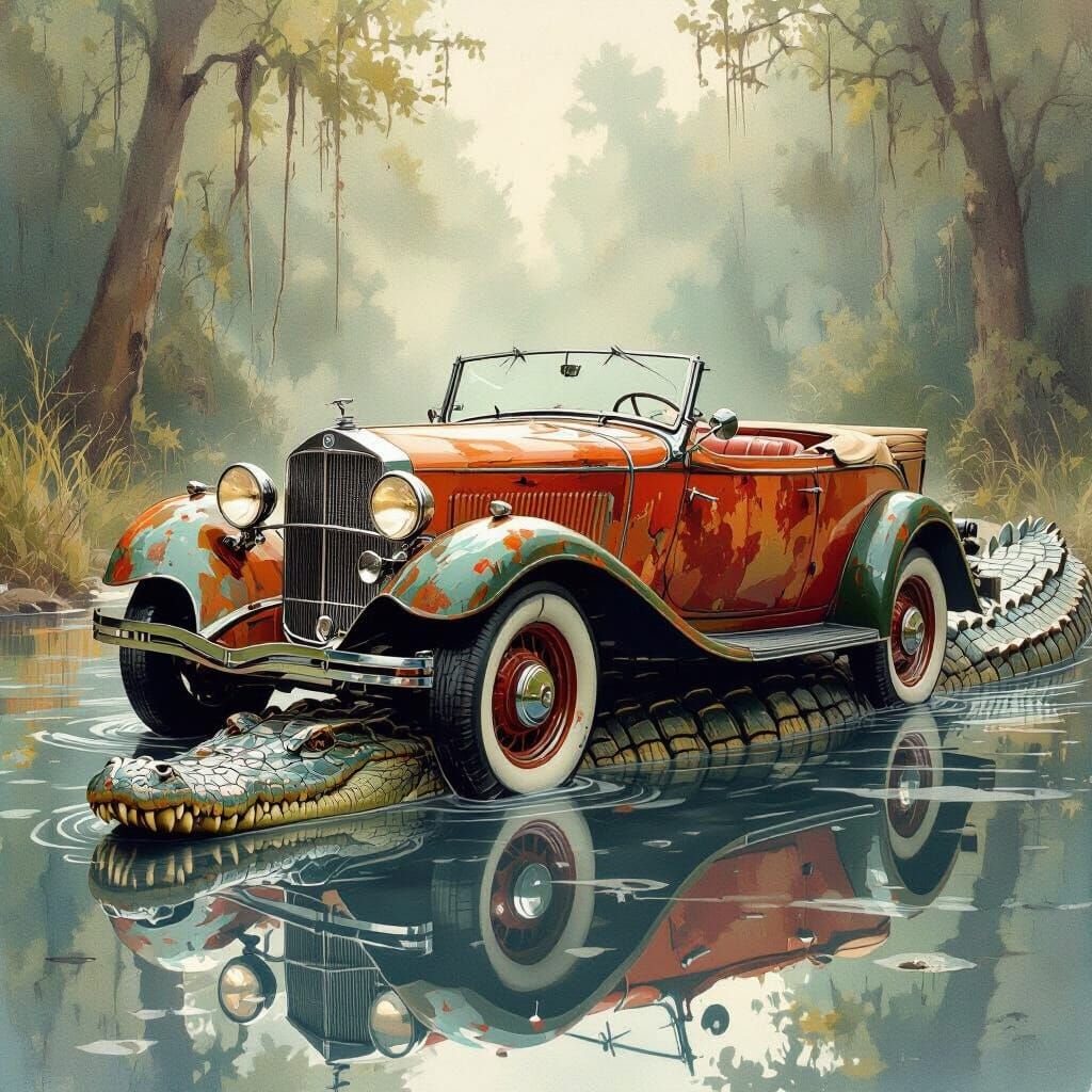 Vintage Car Ride on Crocodile Back in Watercolor Style