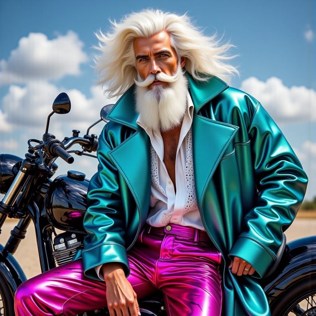 <lora:Metallica:1.0>A handsome man with a long white beard and deep blue eyes is wearing an oversized metallic jacket in turquoise with a wh...