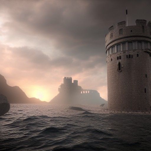 Titan god rising from the sea to attack a castle, very detai...