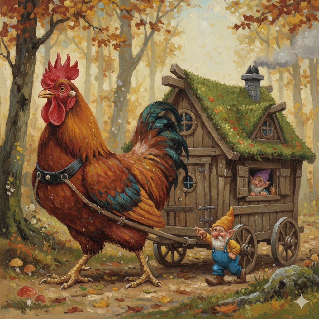 A chicken pulling a little garden gnome's mobile house