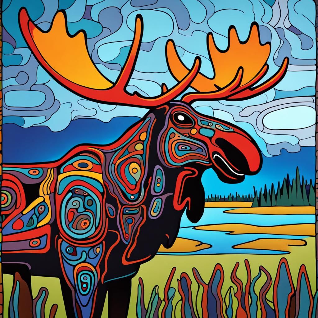 Moose in a marsh in style of Morrisseau , Daphne Odjig, Carl Beam First ...