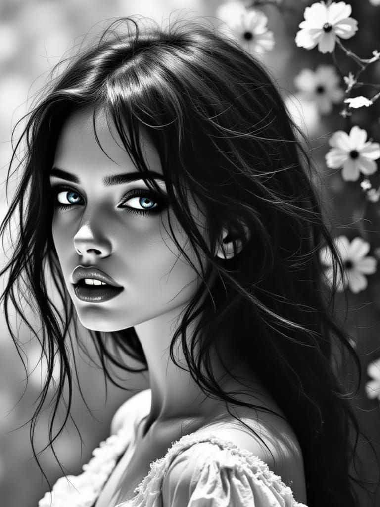 A stunning photo of a beautiful woman with blue eyes, full lips, and dark, luscious long hair, captivatin...