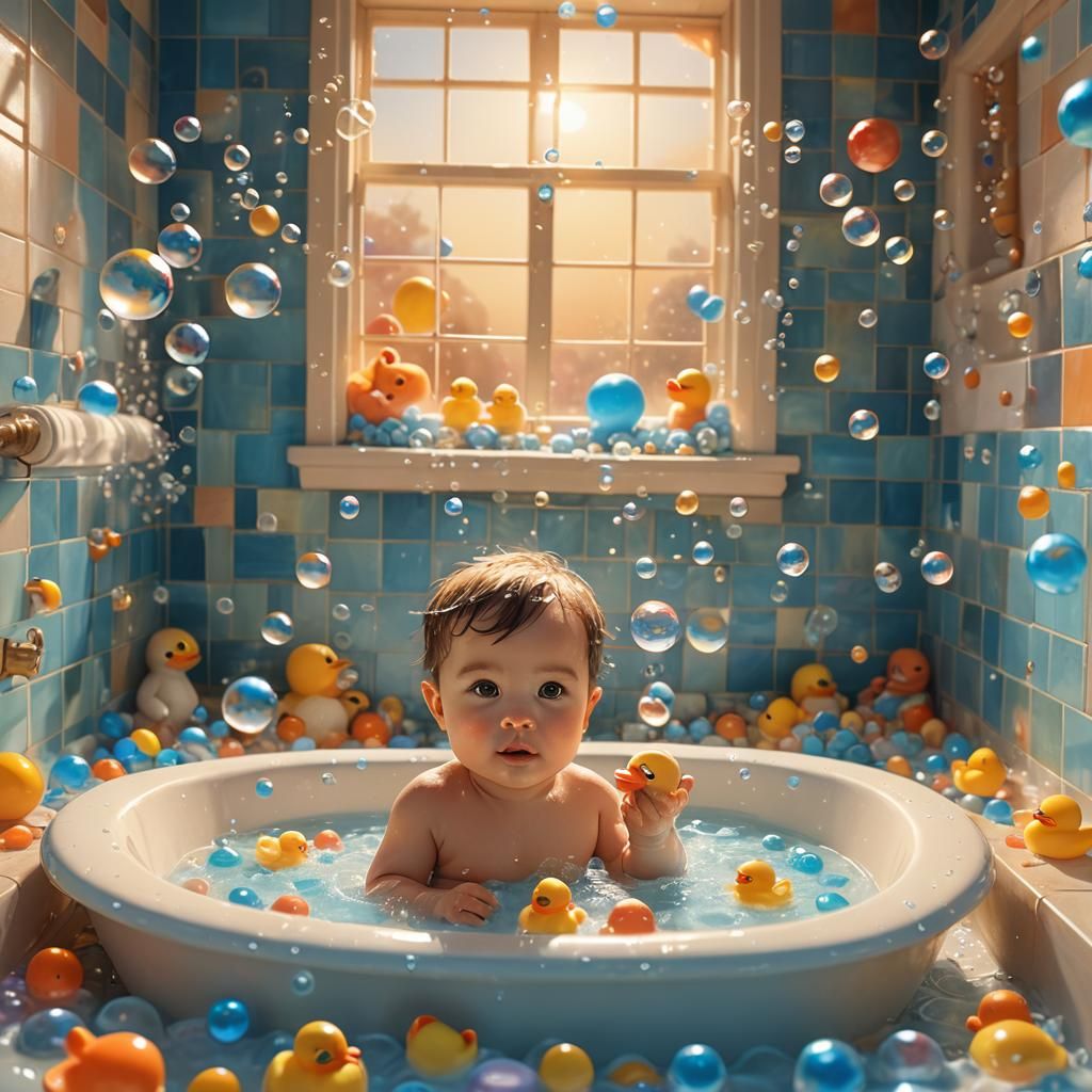 Baby's Bathtime Joy: A Detailed Matte Painting