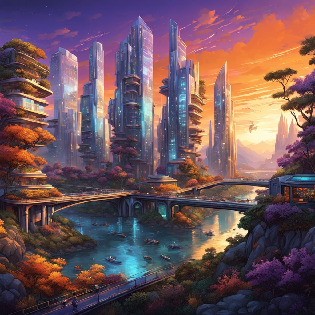 Futuristic City Merges Technology with Wild Nature at Sunset