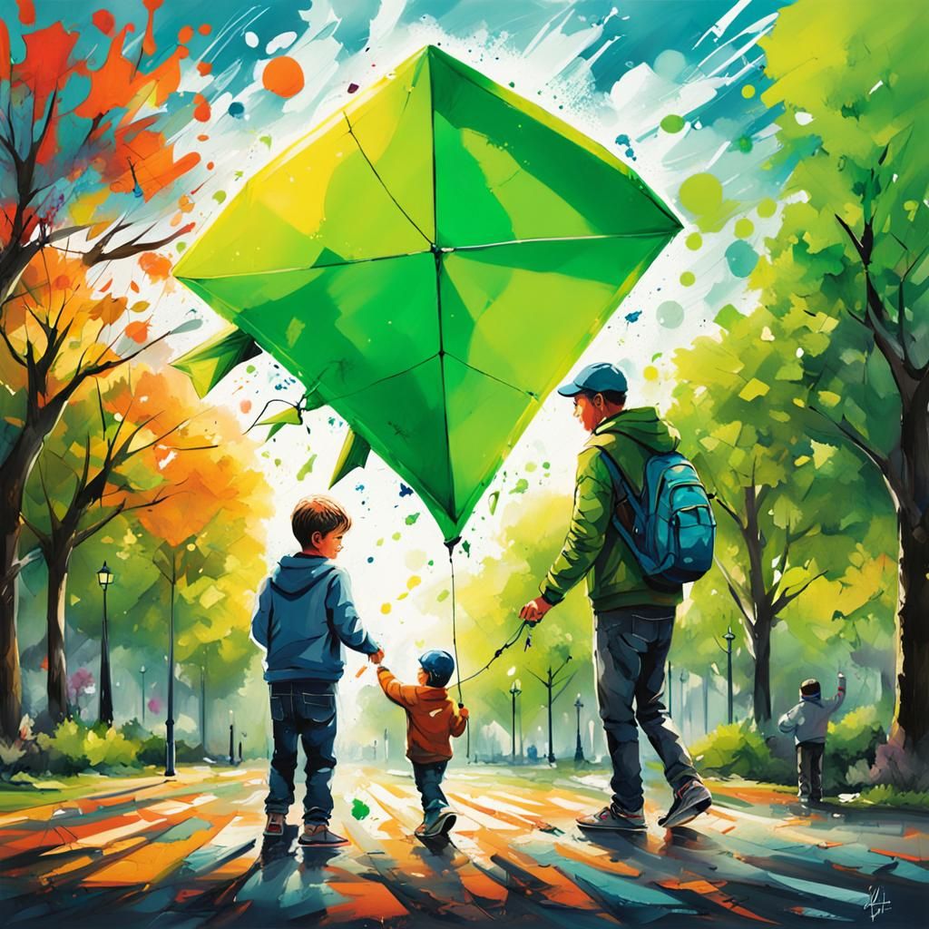 A father with his son with a green kite in a park - AI Generated ...