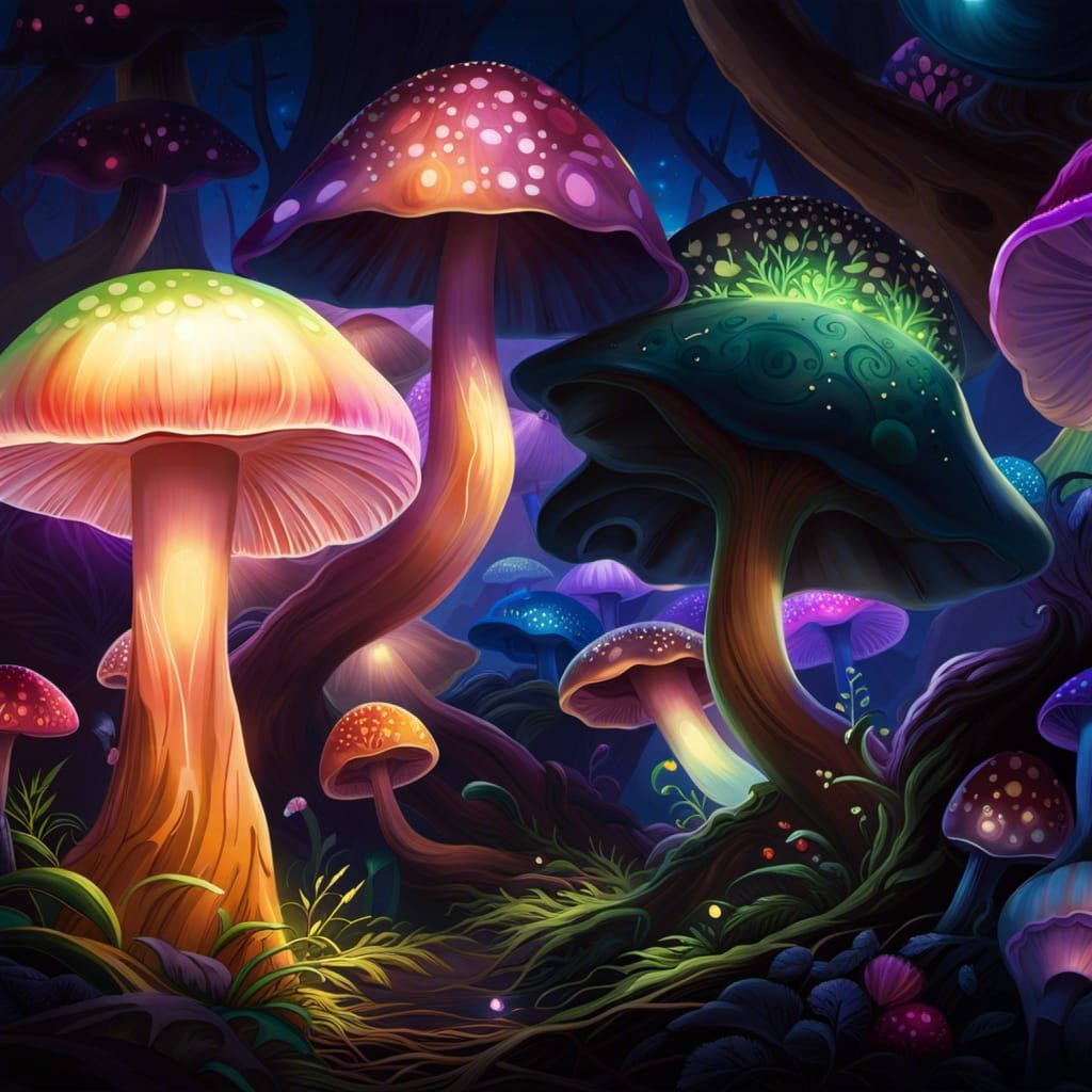 glowing mushrooms - AI Generated Artwork - NightCafe Creator