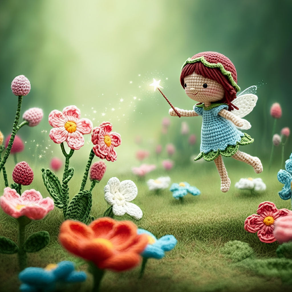 Crochet Fairy making the flowers bloom