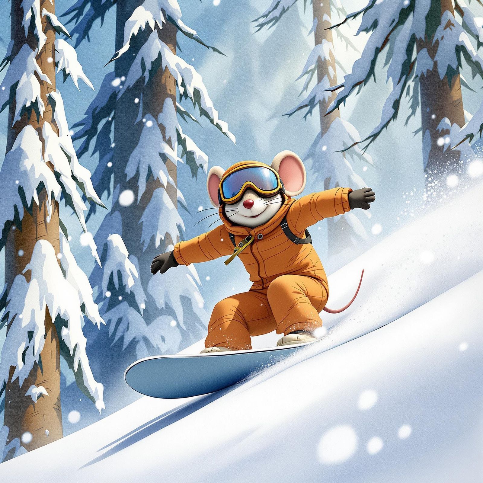 Mouse Surfing Snowy Hill in Frosty Forest