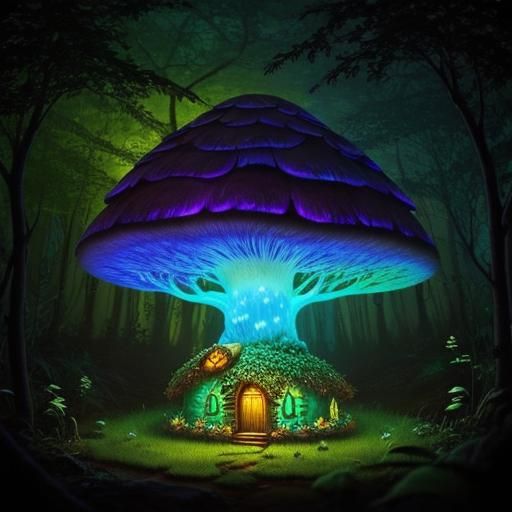 A fairy mushroom house in an enchanted bioluminescent forest...