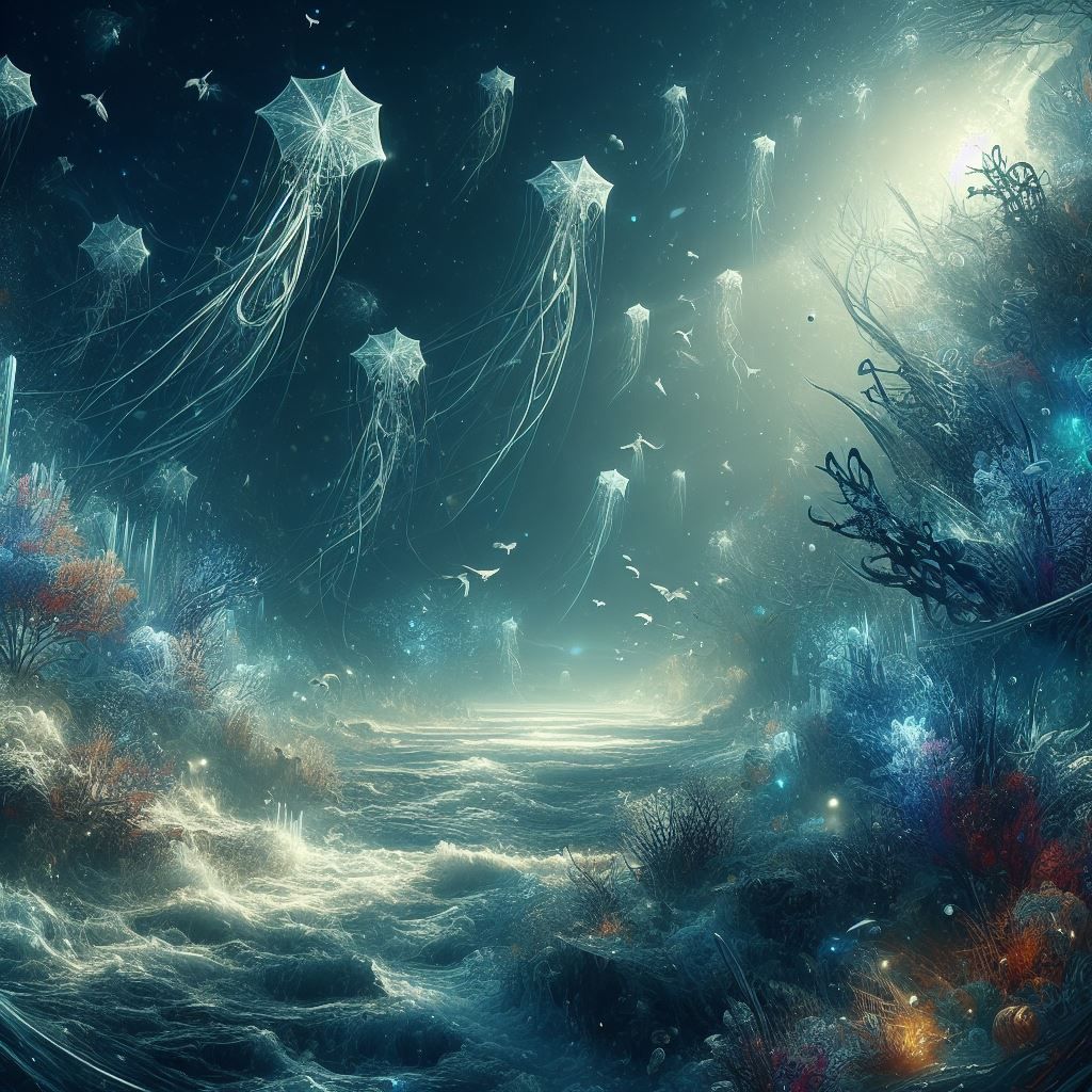 Kites of living crystal floating in deep sea