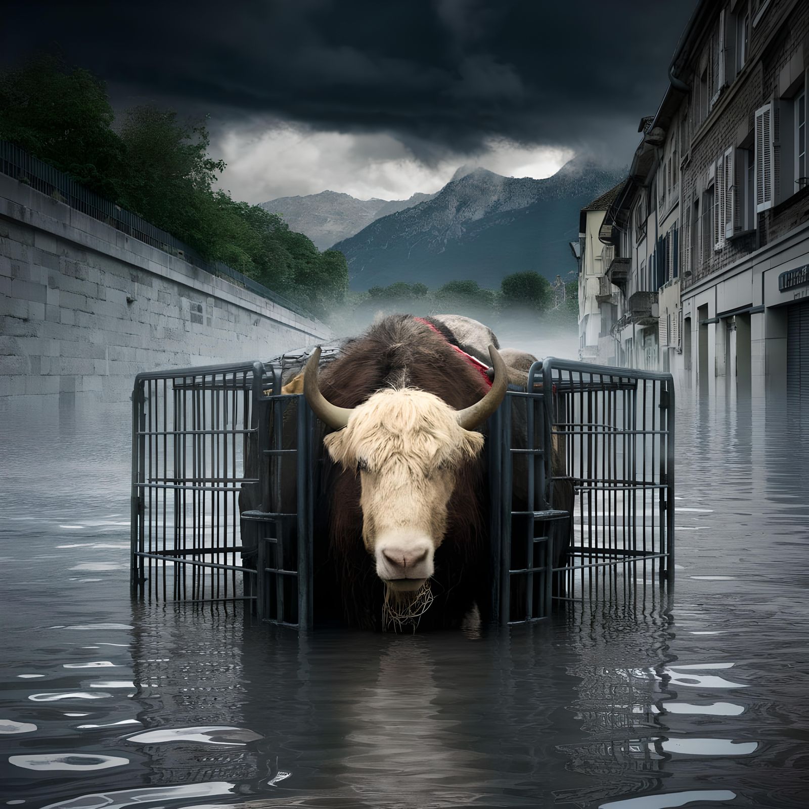 A yak in a cage during a flood in Grenoble.