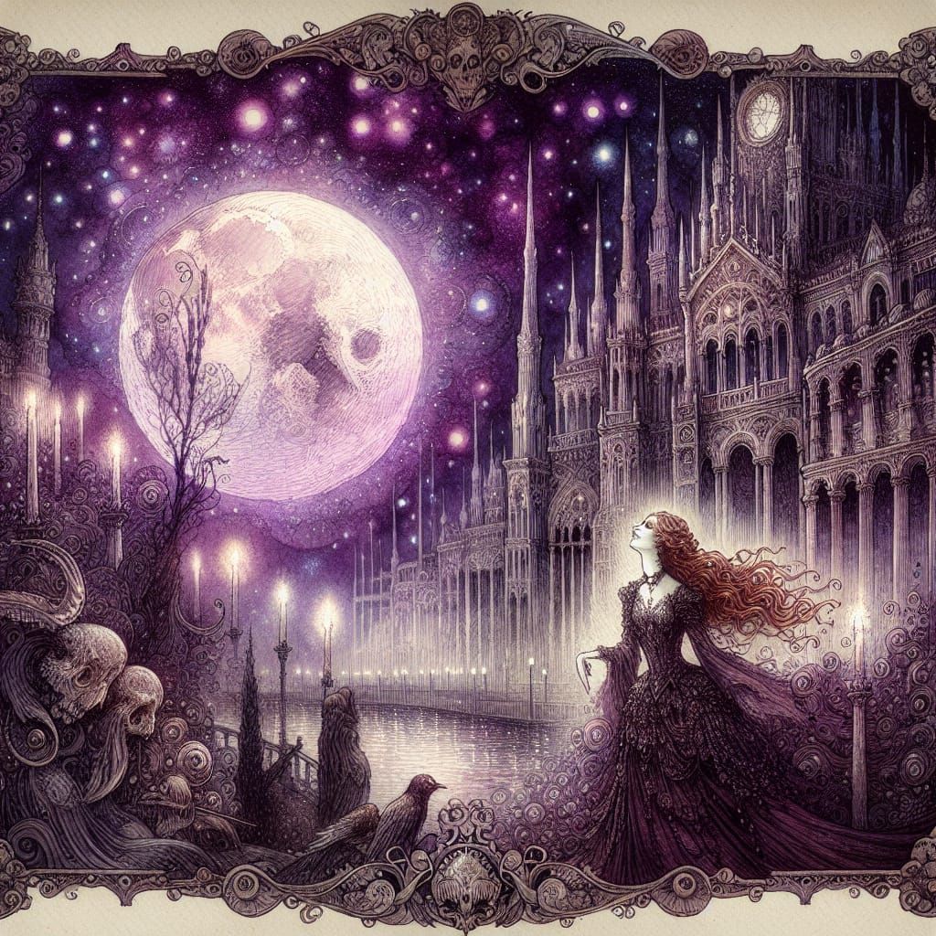 Romantic Gothic Scene in Victorian Watercolor Style