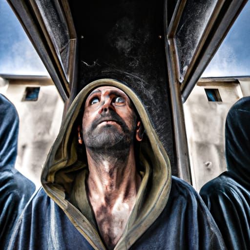 A man looking in the mirror but hood reflection isn’t lookin...