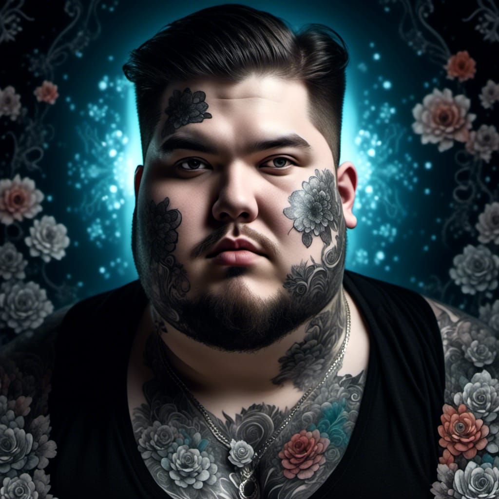 <lora:3d flower portraits:1.0> white goth man, pale skin, fat face man's face, obese, huge white lace flowers in background, flower tattoos,...