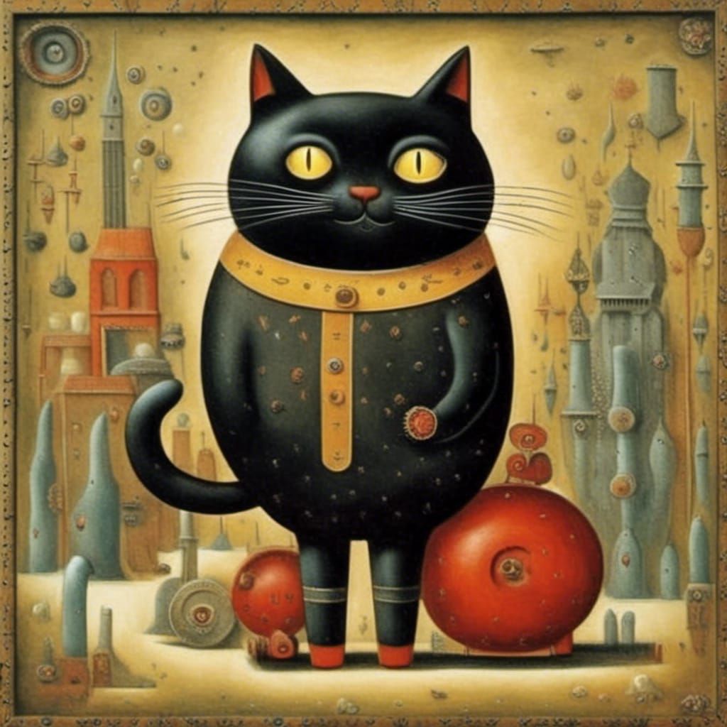 <lora:Nightmare Engine:1.0> Cute Fat black cat in the style of Fernando Botero 