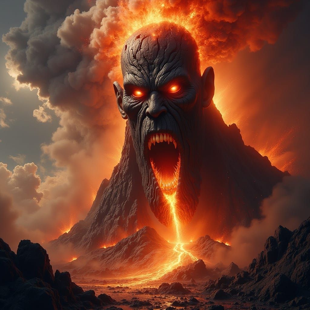 an anthropomorphic erupting volcano with an angry face <lora:-Crimson Core-:0.55> 