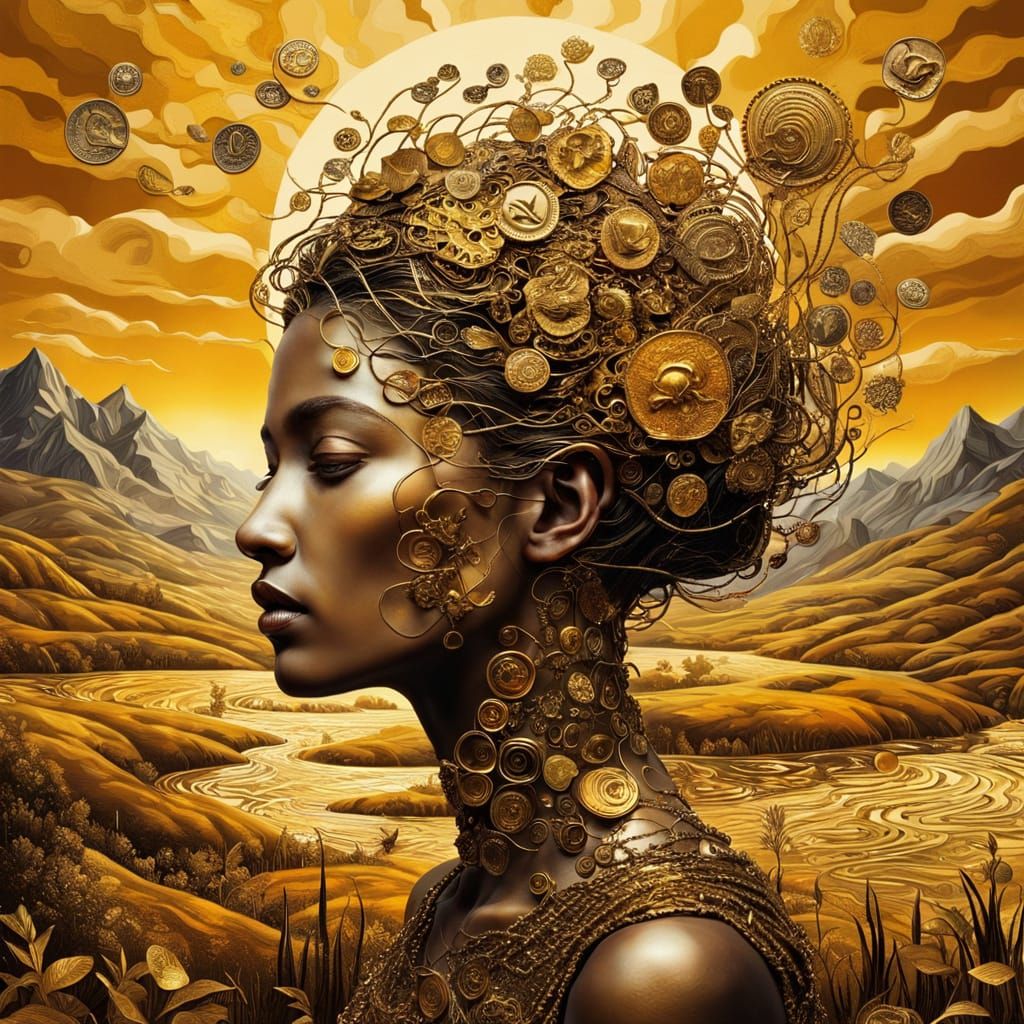 Golden Brooch Pin Woman in a Dreamlike Landscape