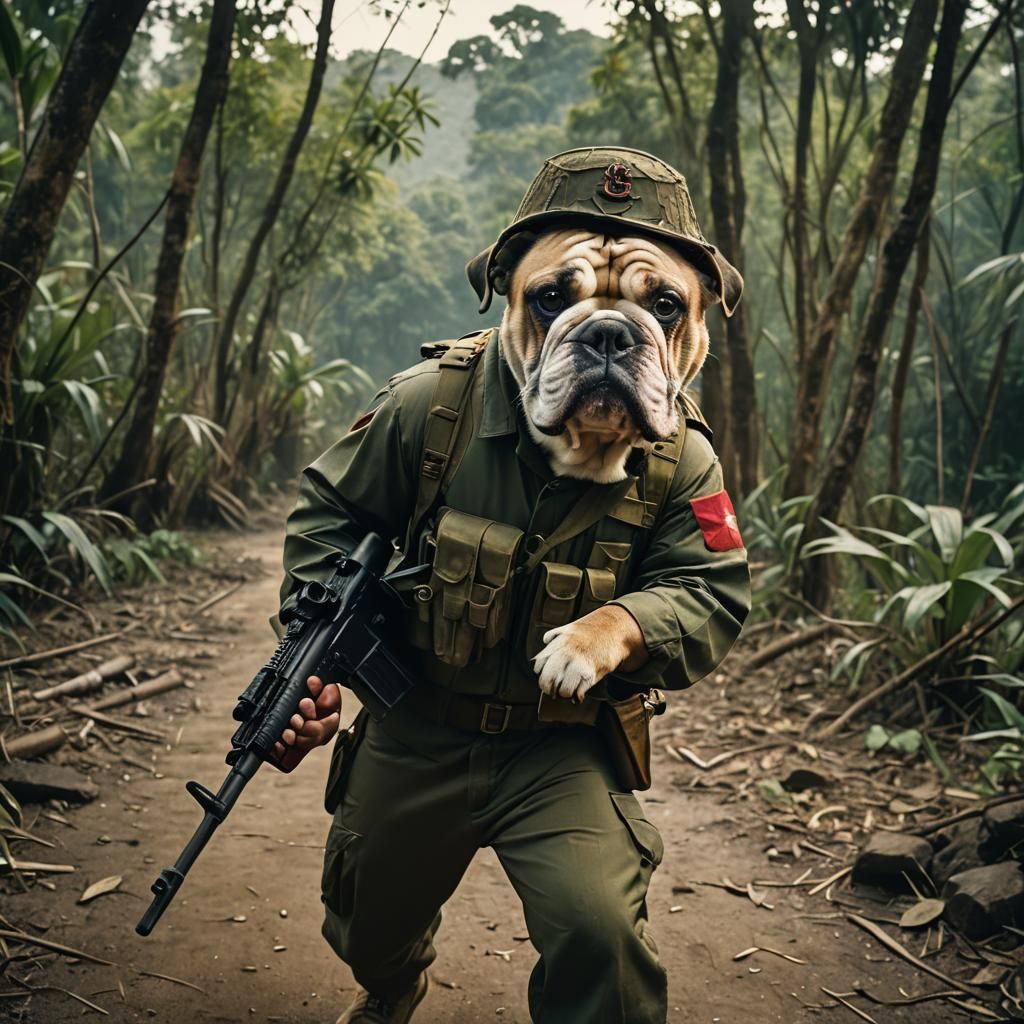 Bulldog With an M16 in a US-style Vietnam uniform and webbin...