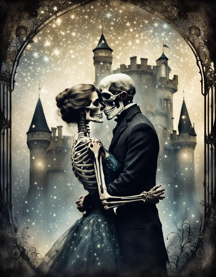 Romantic Portrait, Skeleton, Castle, Filigree, Double Exposure, sparkling stars, Arthur Rackham, faded couple embrace  by @LongmaRyu