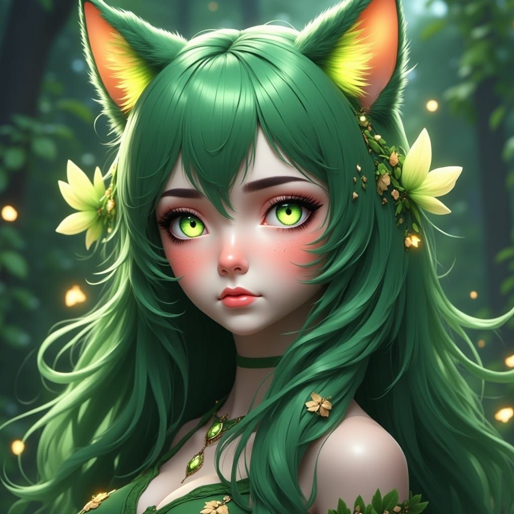 <lora:Alfhildr Fx:1.0>, cat girl, anthropomorphic cat girl, lush flora, green glowing flower eyes, long hair, detailed head and shoulders po...