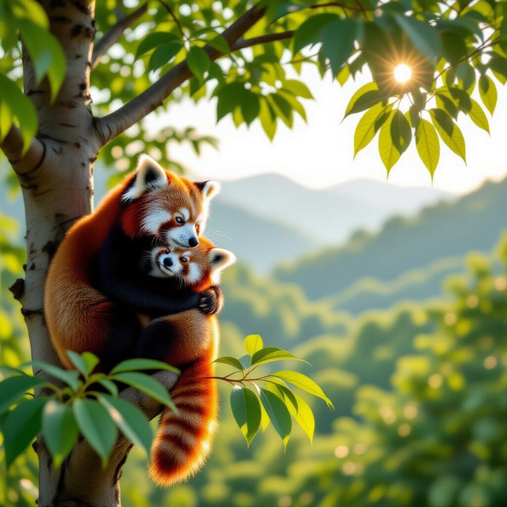Red Panda Family Hug on Ancient Tree
