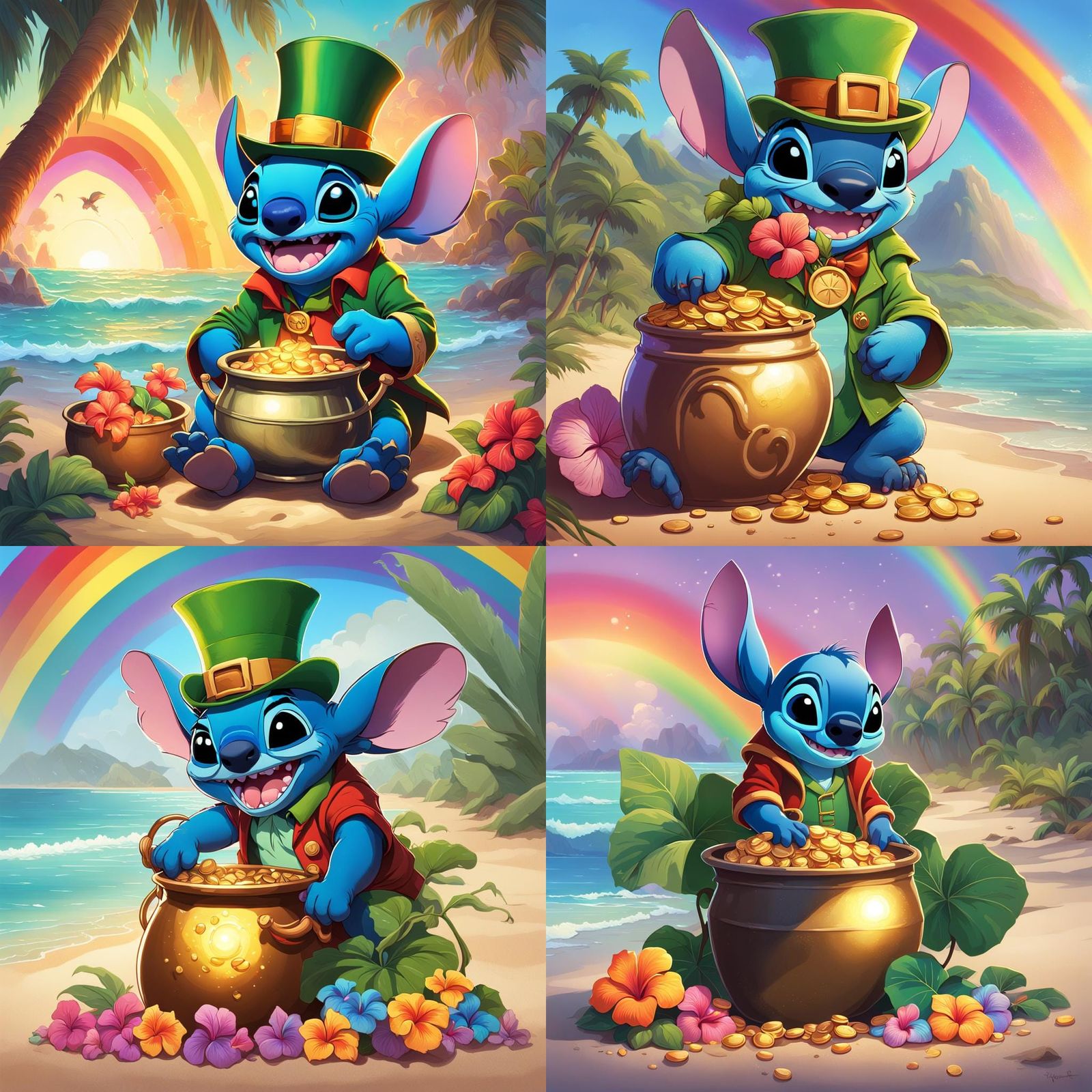 Disney stitch dressed as a leprechaun sitting by a pot of go...