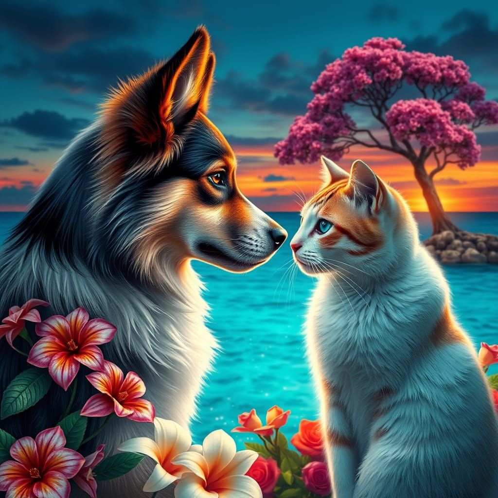 Stunning Dog and Cat Gaze Out at a Brilliant Blue Sea