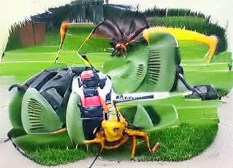 Giant Insect fighting a lawn mower