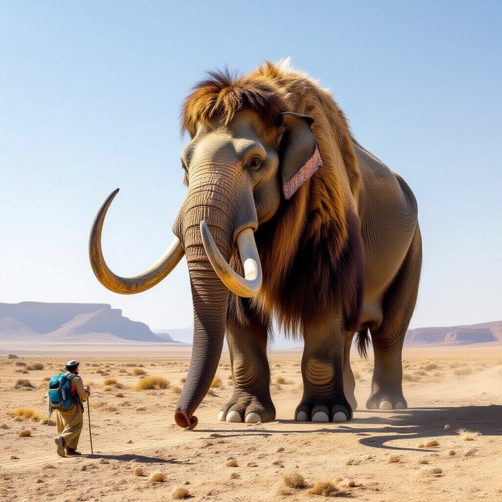Ancient Stone Elephant and Lone Traveler in Desert