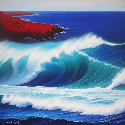 A bright blue sea, tinged with red.