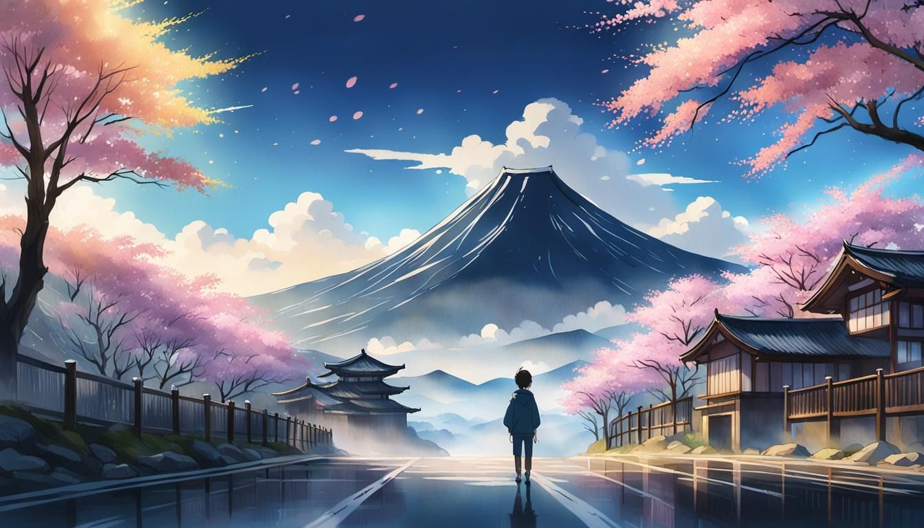 Serene Mountain Landscape in Anime Style