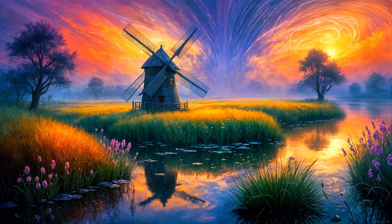 Mystical Windmill Scene in Ethereal Twilight