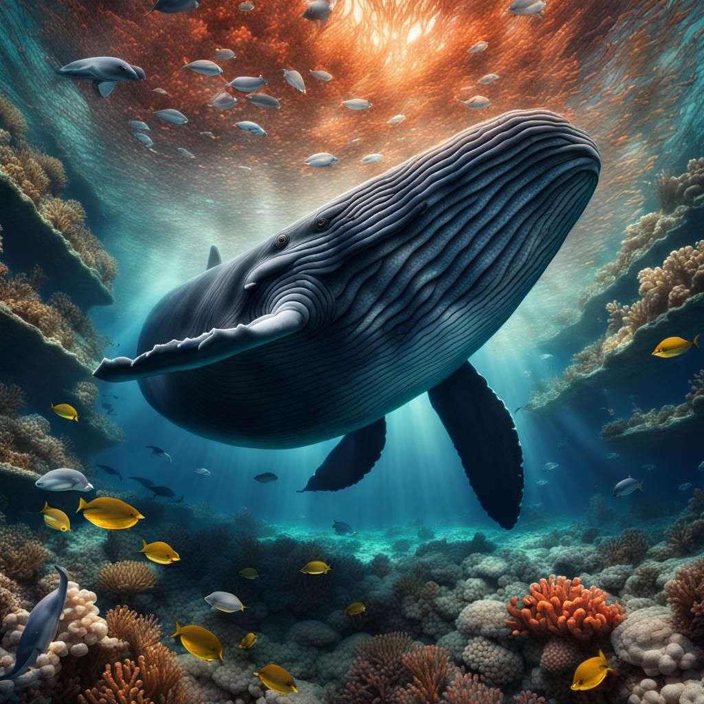 a mosaic of a whale in a magical coral reef
