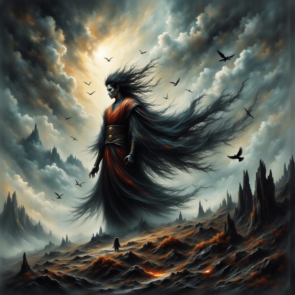 Yi Ling on Desolate Hill in Dark Fantasy Style