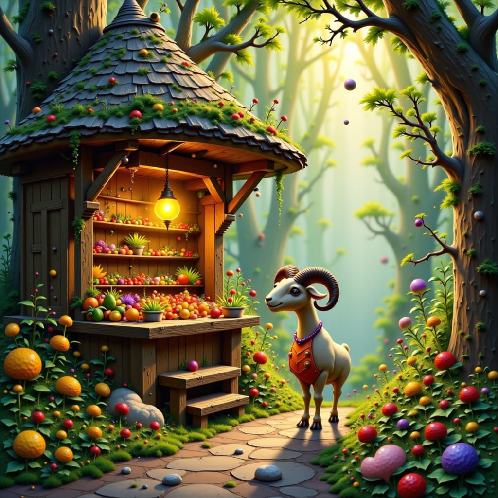 Fantasy art. Oil painting. A charming farmstand nestled in an enchanted forest clearing, run by a friendly ram. The stand is laden with magi...