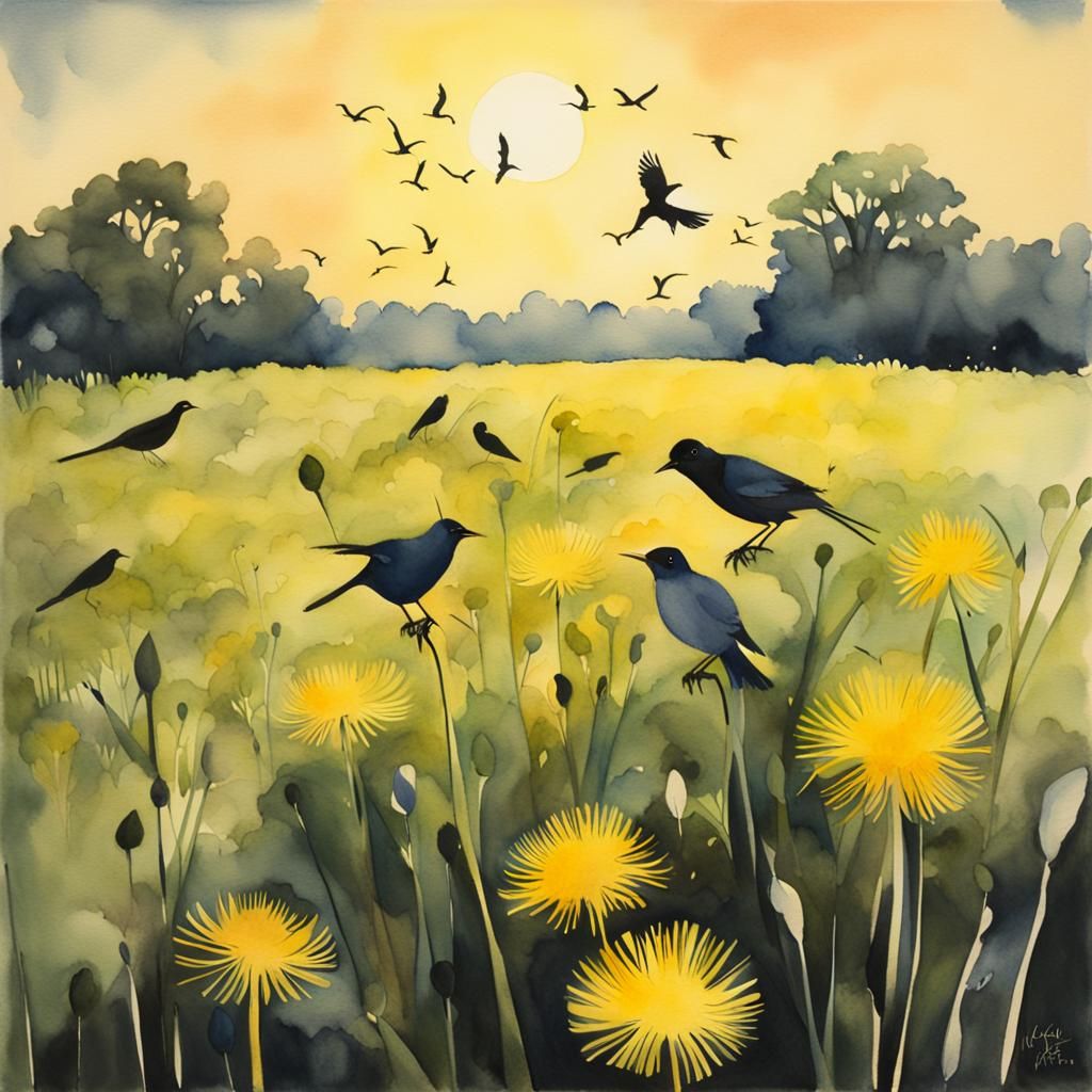 Strange birds in an overgrown dandelion field, backlit, atmo...