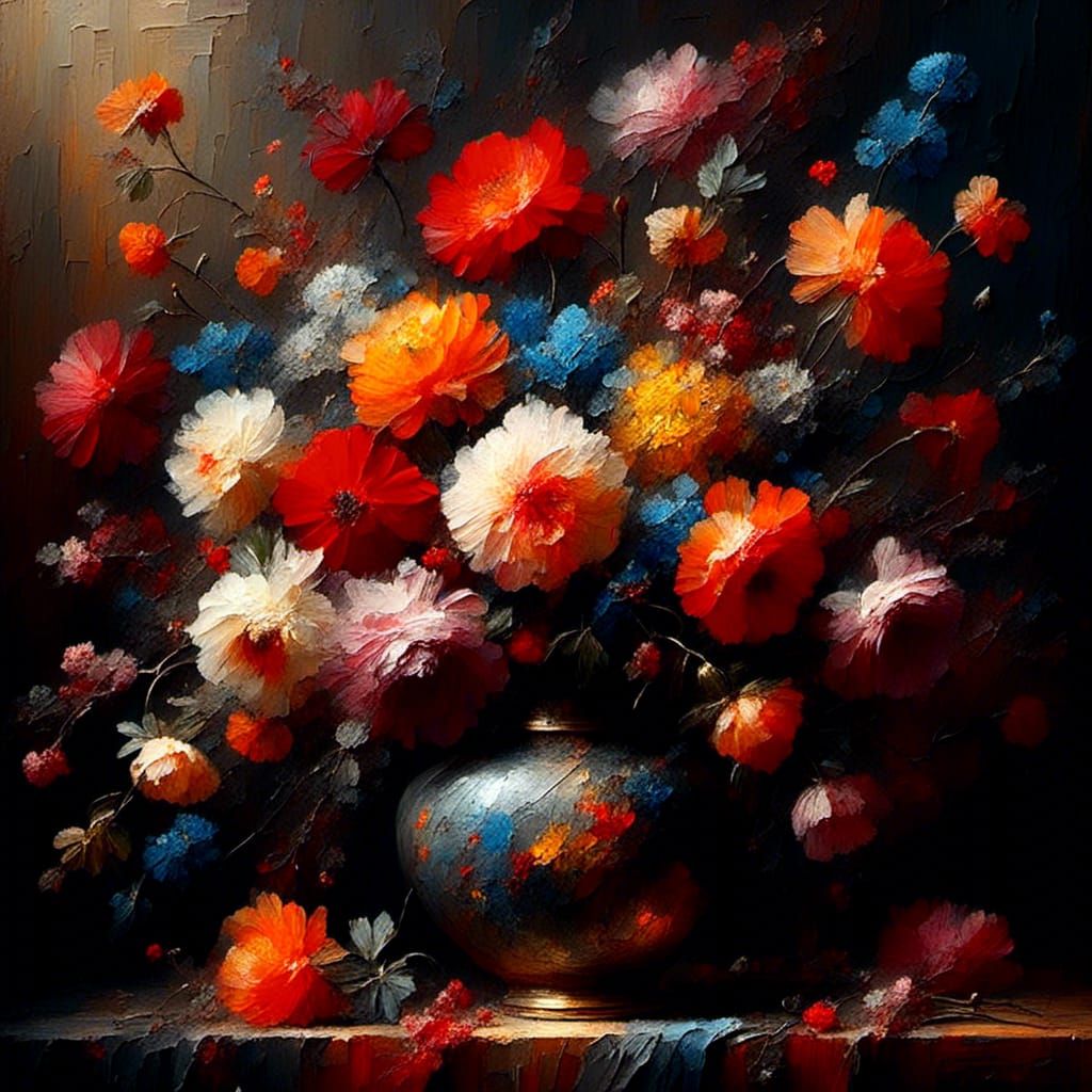 <lora:Chiaroscuro:1.0>still life, a beautiful and richly decorated vase with gorgeous flowers in all kinds of colors. Flowers in the style o...