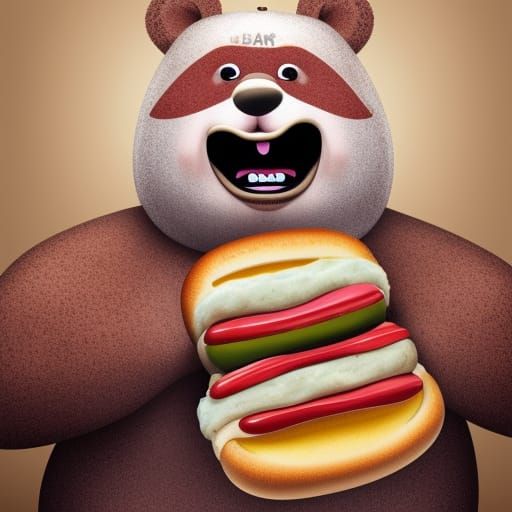 Big Fat looking Bear  eating a Hot Dog in a Ed Roth art styl...