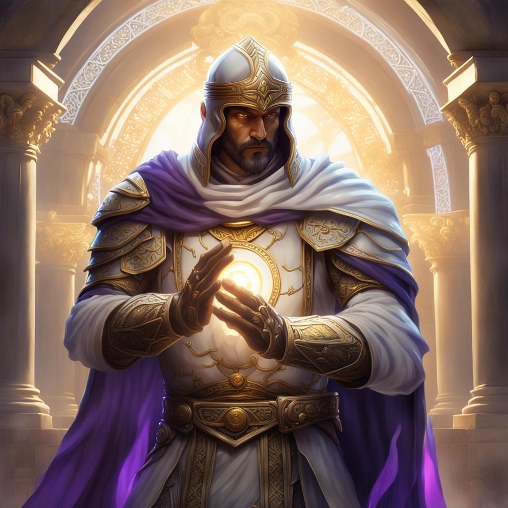 White Greek Male Paladin holding his hands together, glowing...