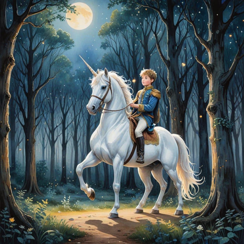 Little Prince and Unicorn in Moonlit Forest