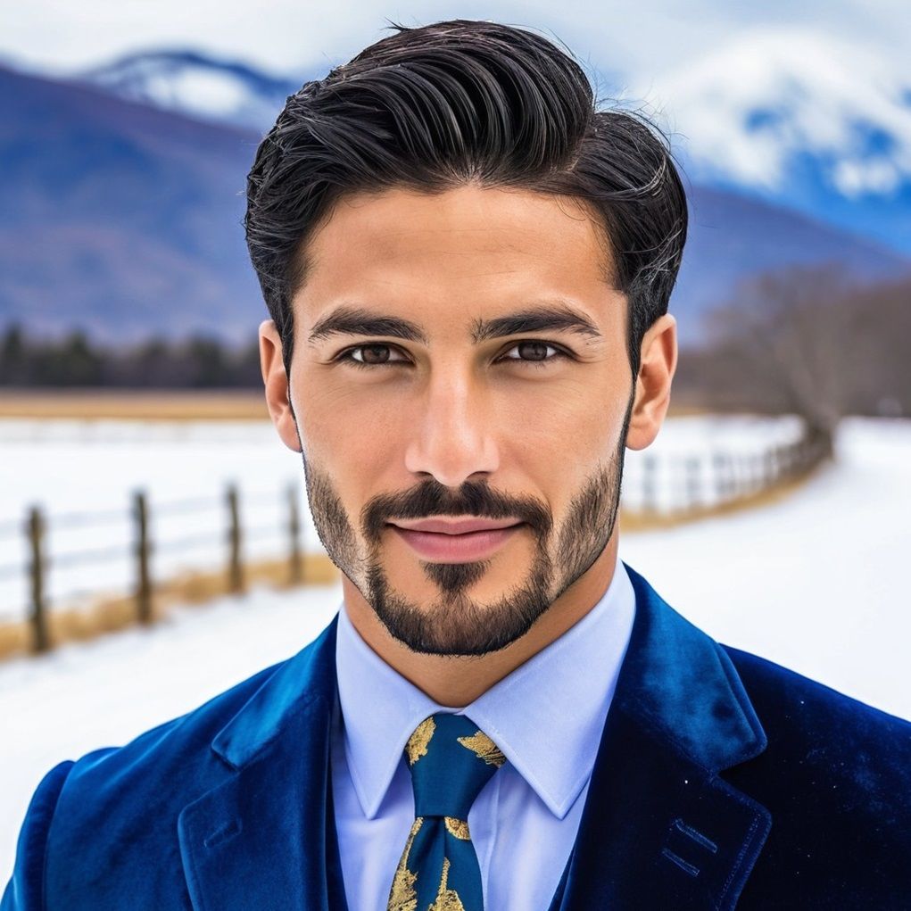 A handsome bearded man wearing a blue velvet suit with shirt...