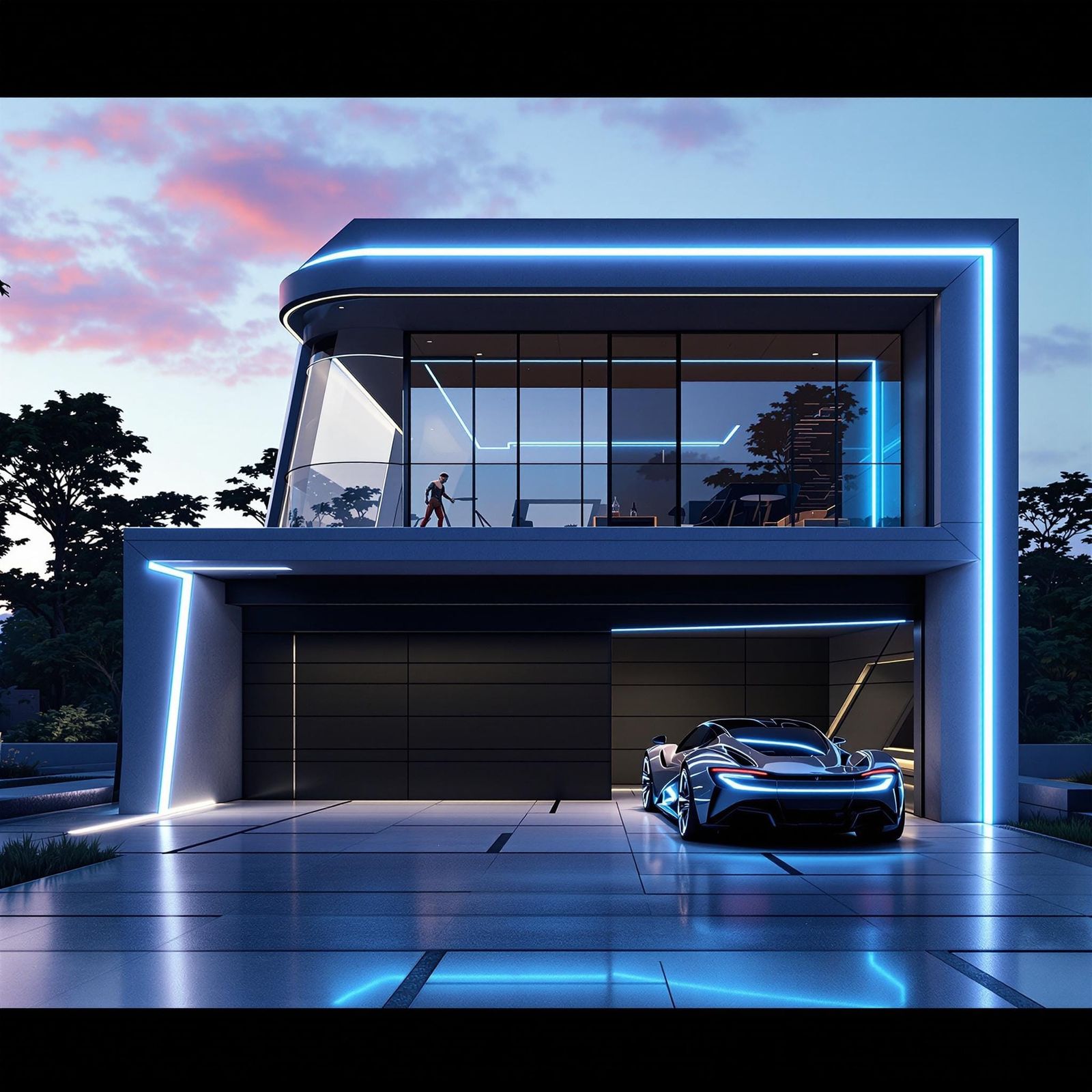 Futuristic Smart Home with Luxury Car in Cyberpunk Style